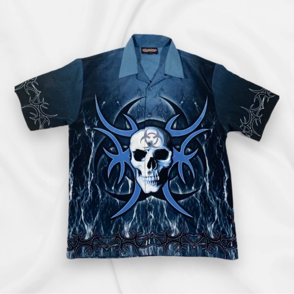 Vintage Sapphire Lounge Alternative Mens Large Blue Button-Up Skull Trib…